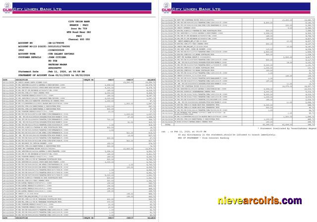 India City Union Bank statement of account Word and PDF, 2 pages
